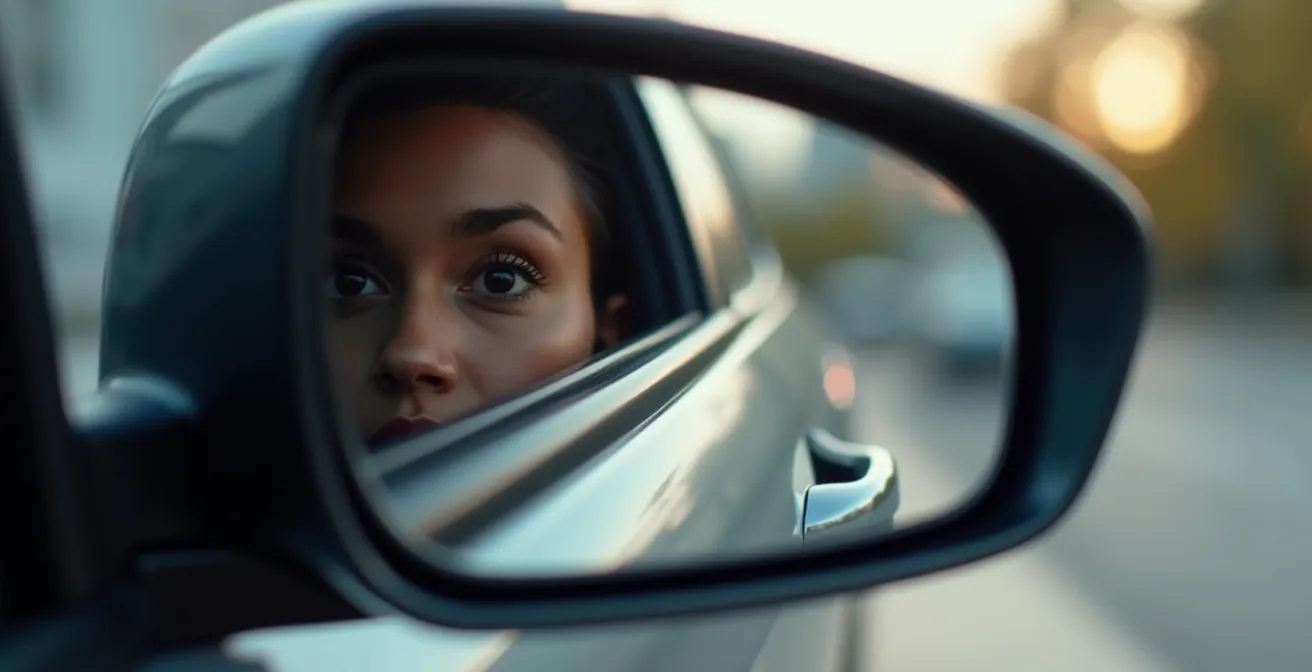Vista macro del reflejo de un conductor en el espejo retrovisor mostrando su atención