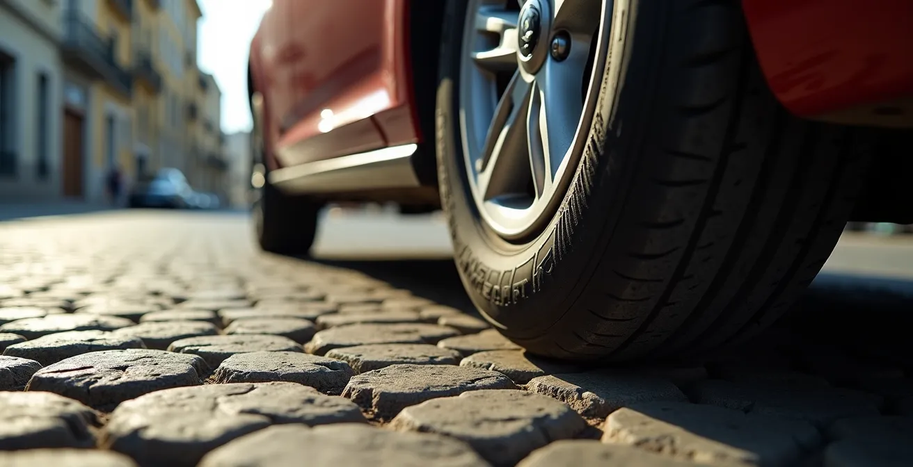 Detalle macro de la rueda de un coche girando, mostrando el ángulo que anticipa un cambio de carril.