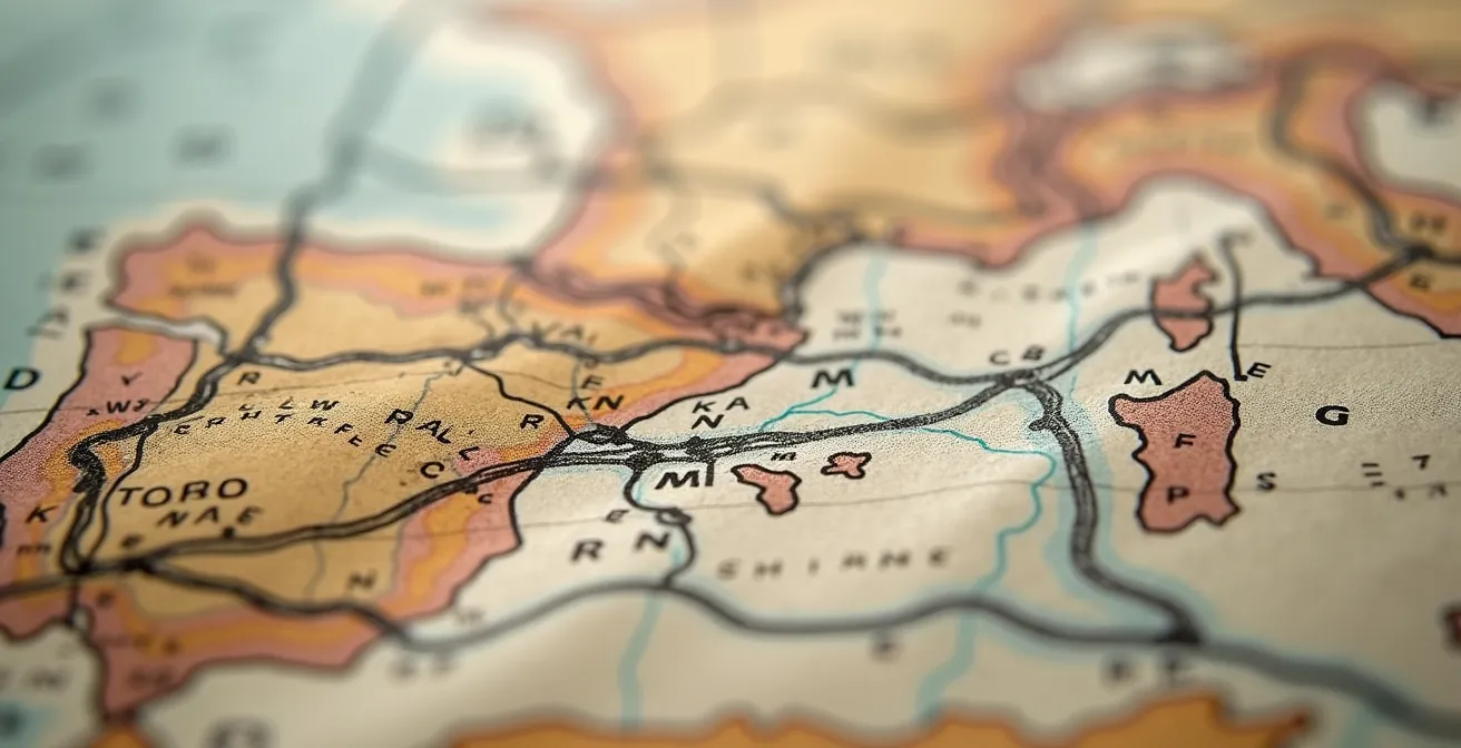 Vista macro de un mapa con una línea serpenteante marcada y varios círculos de diferentes tamaños alrededor de puntos de interés