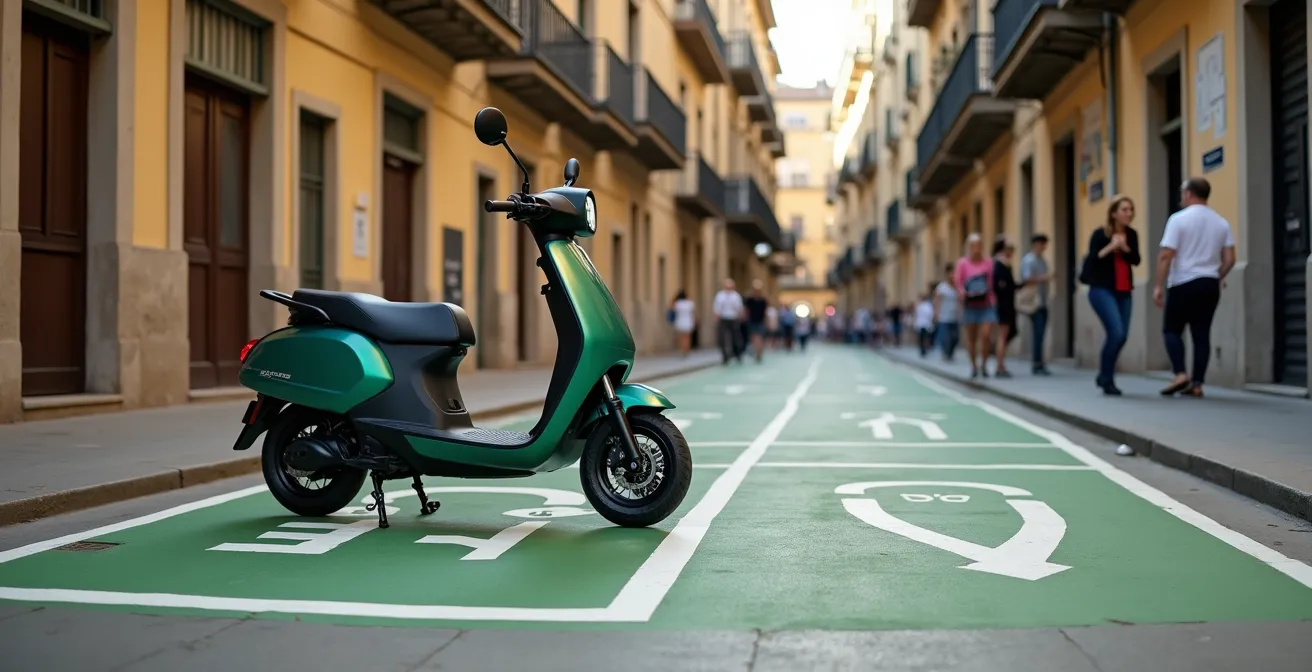 Moto eléctrica aparcada en una plaza reservada en el centro de una ciudad española, simbolizando la movilidad urbana.