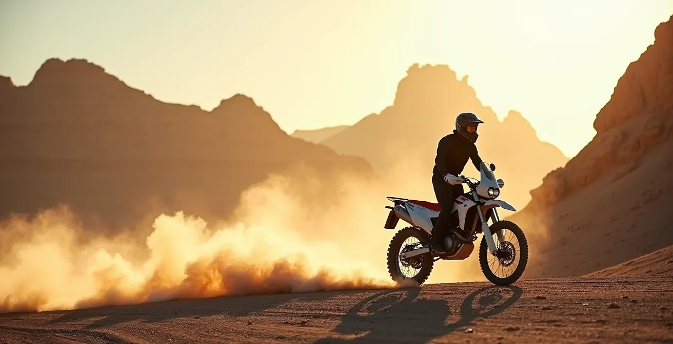 Moto trail en las Bardenas Reales con configuración específica de ABS para terreno suelto