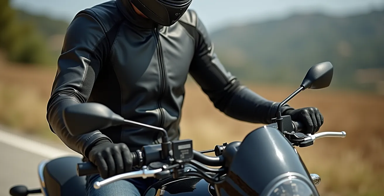 Motorista demostrando la técnica de codos relajados y flexionados en posición de conducción