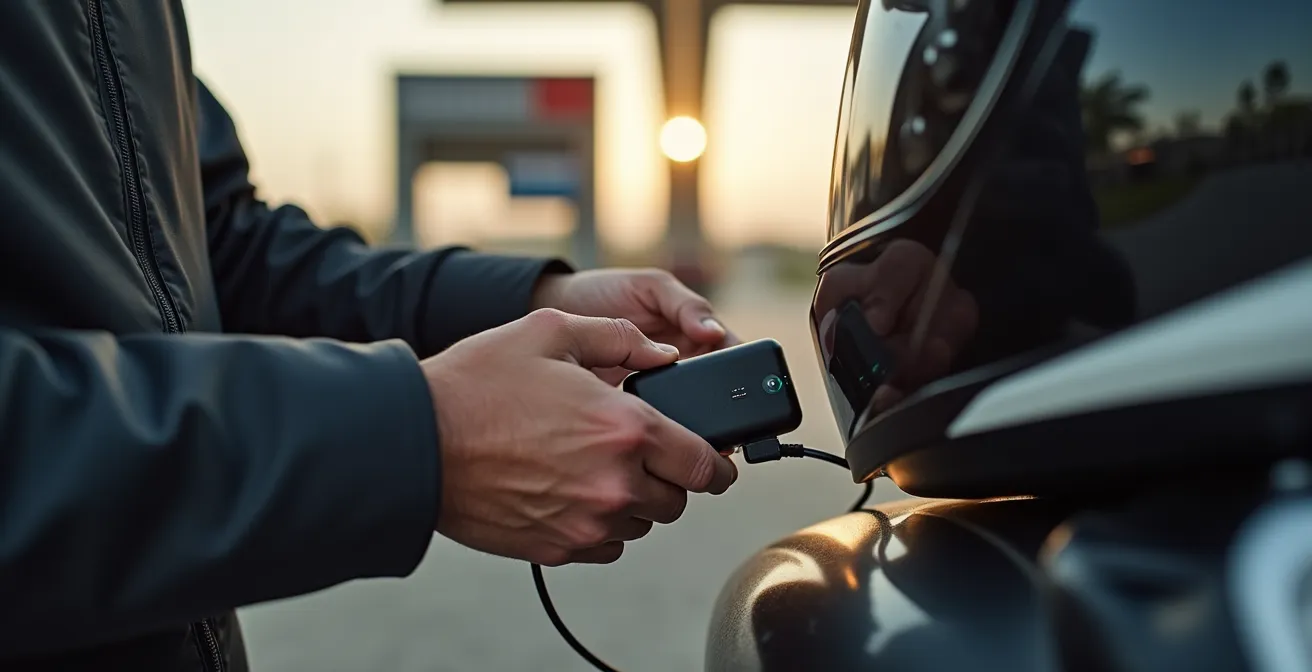 Motorista cargando intercomunicador con batería externa en área de servicio española