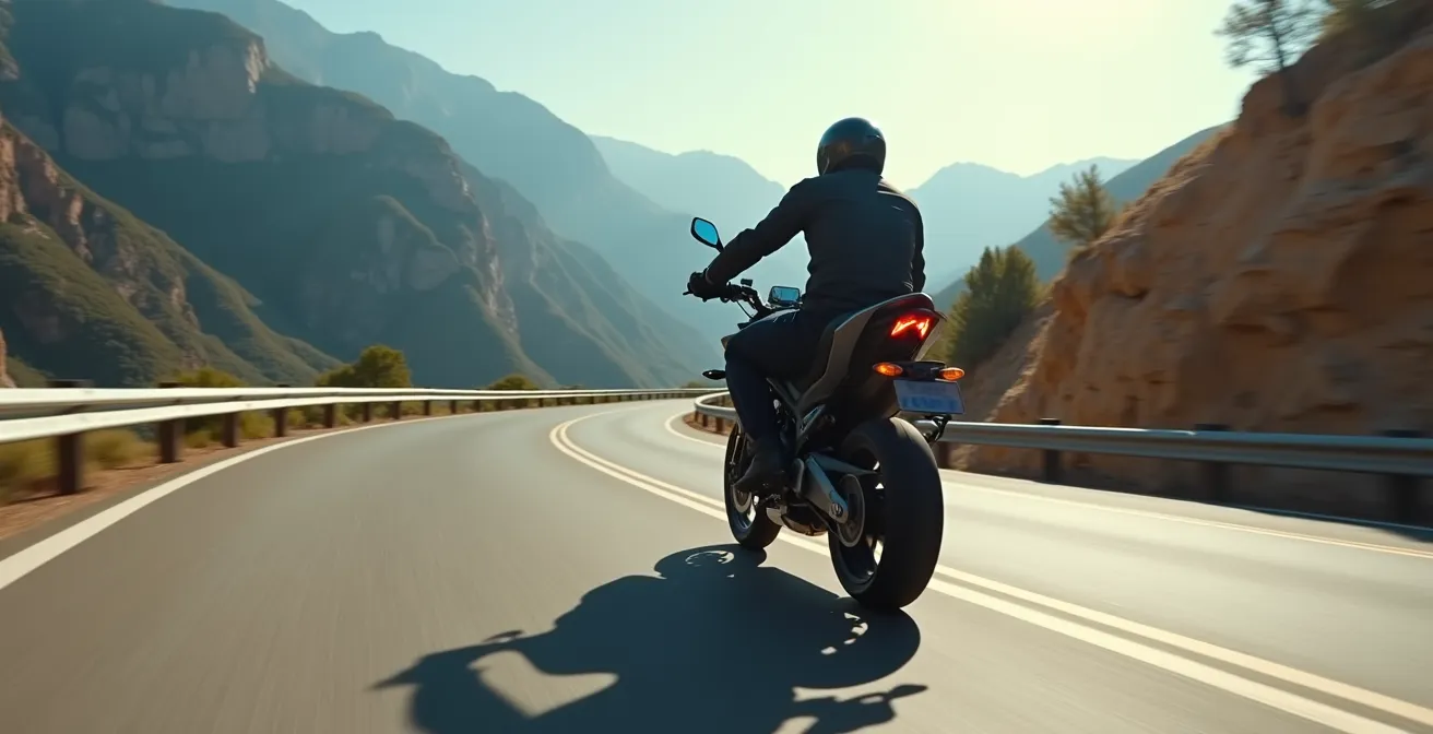 Vista lateral de motorista desplazando peso hacia atrás en descenso de puerto de montaña español