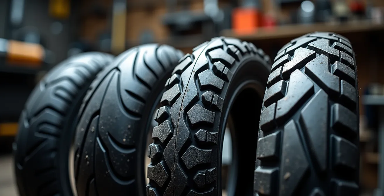 Detalle macro de diferentes neumáticos trail mostrando patrones de tacos y texturas