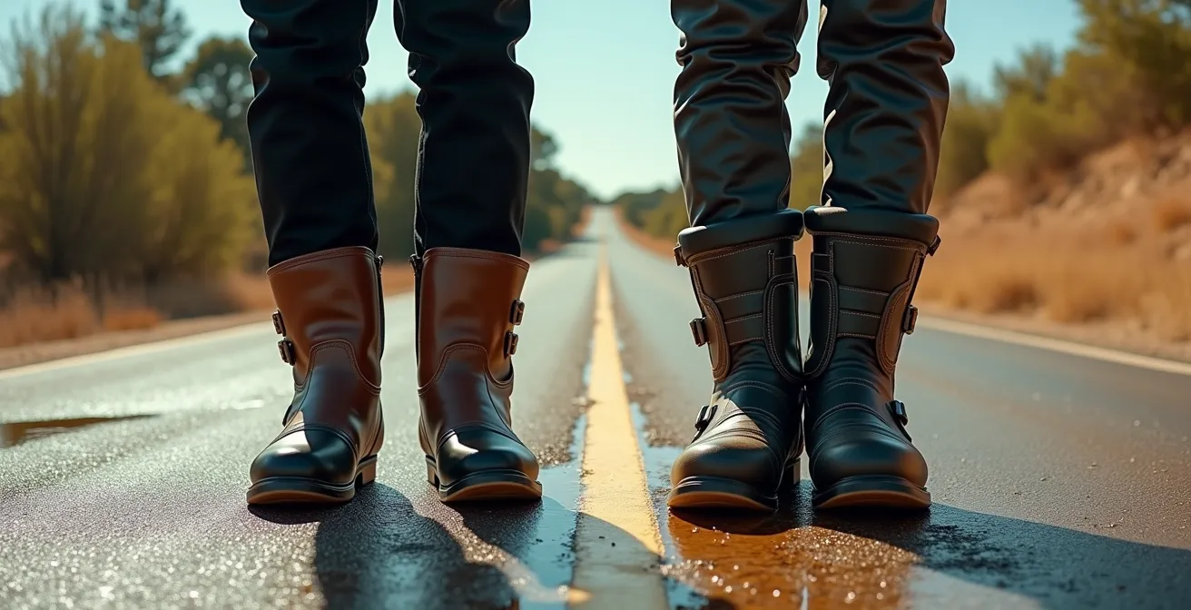 Comparación visual de pantalón por dentro y por fuera de botas de moto en diferentes condiciones