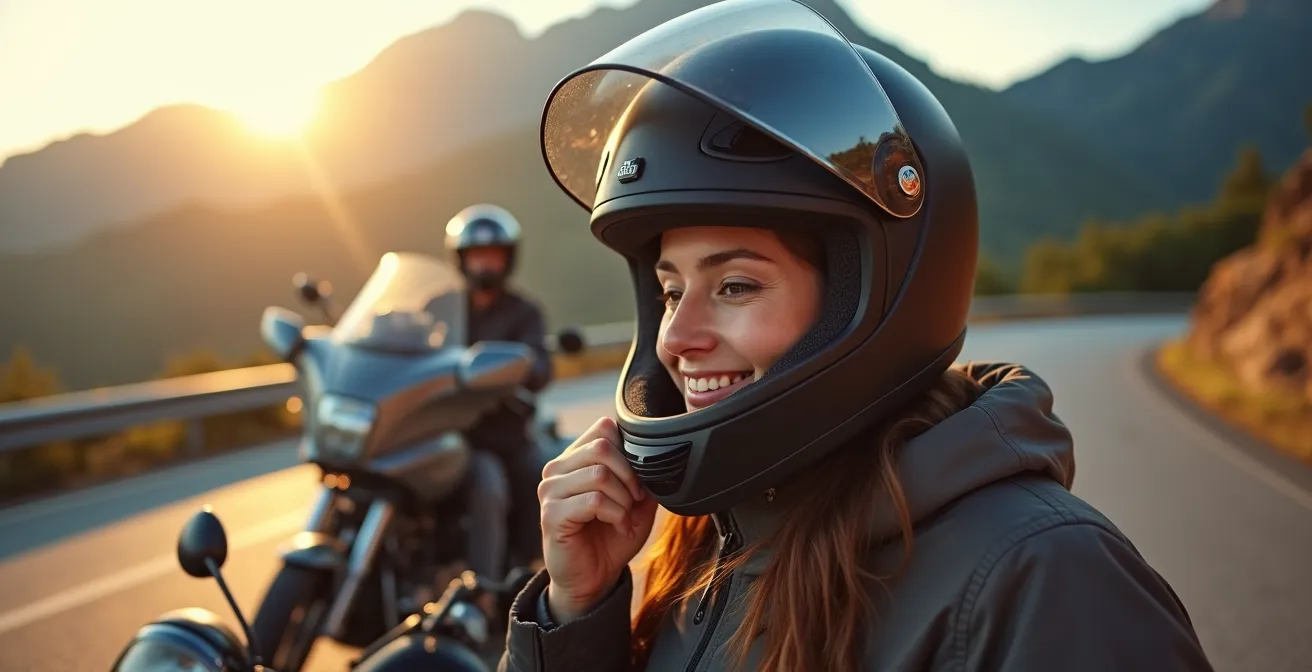 Motorista fotografiando el paisaje desde un mirador señalizado con su moto aparcada de forma segura