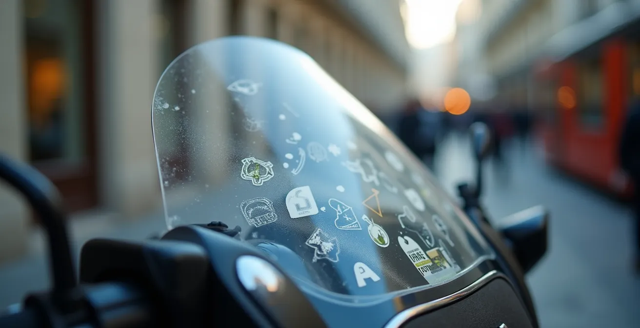 Detalle macro de pegatina Crit'Air en parabrisas con fondo desenfocado de calle parisina