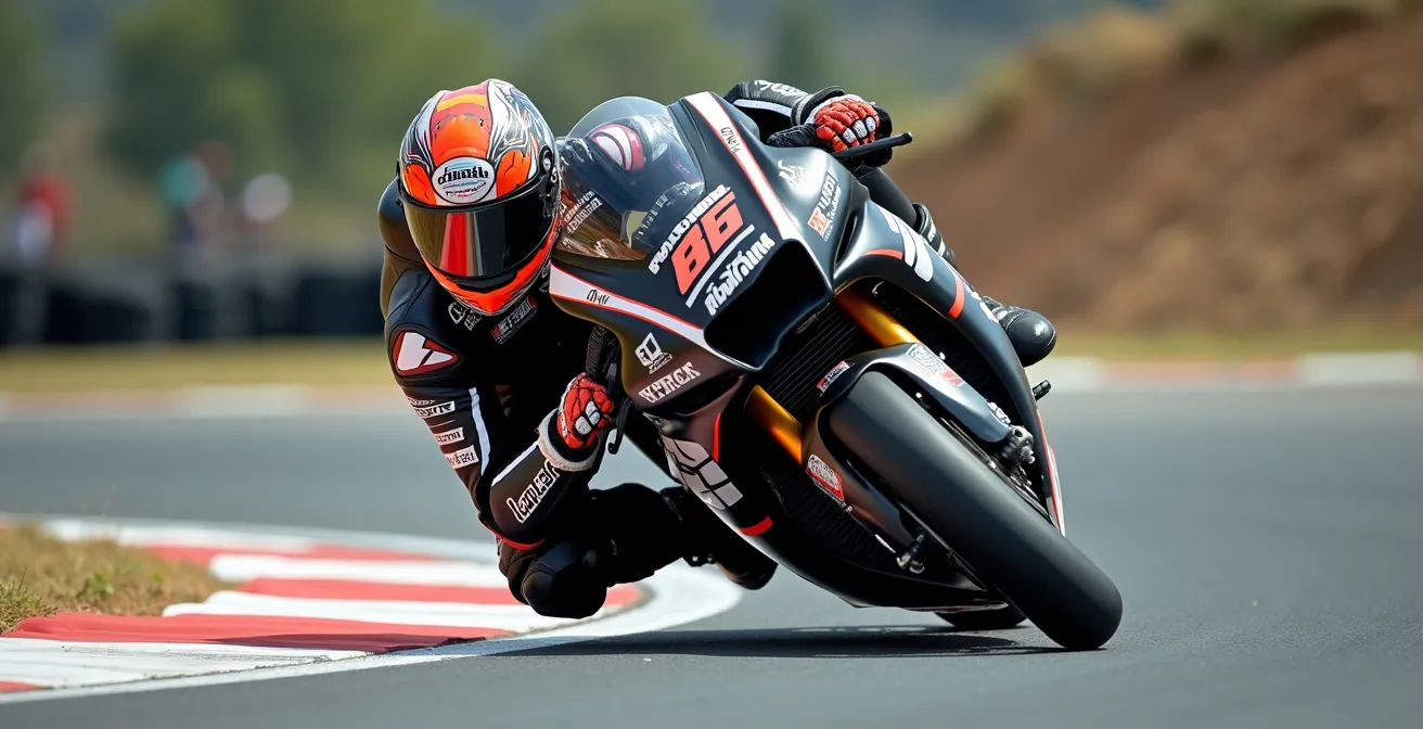 Motorista inclinando en curva rápida del circuito de Jerez con técnica depurada