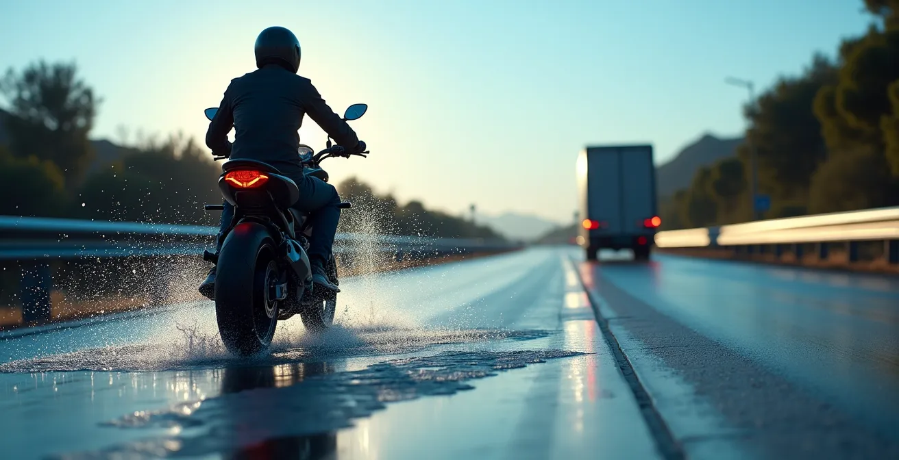 Visualización de la presión del agua a 120 km/h en autopista española versus lluvia vertical