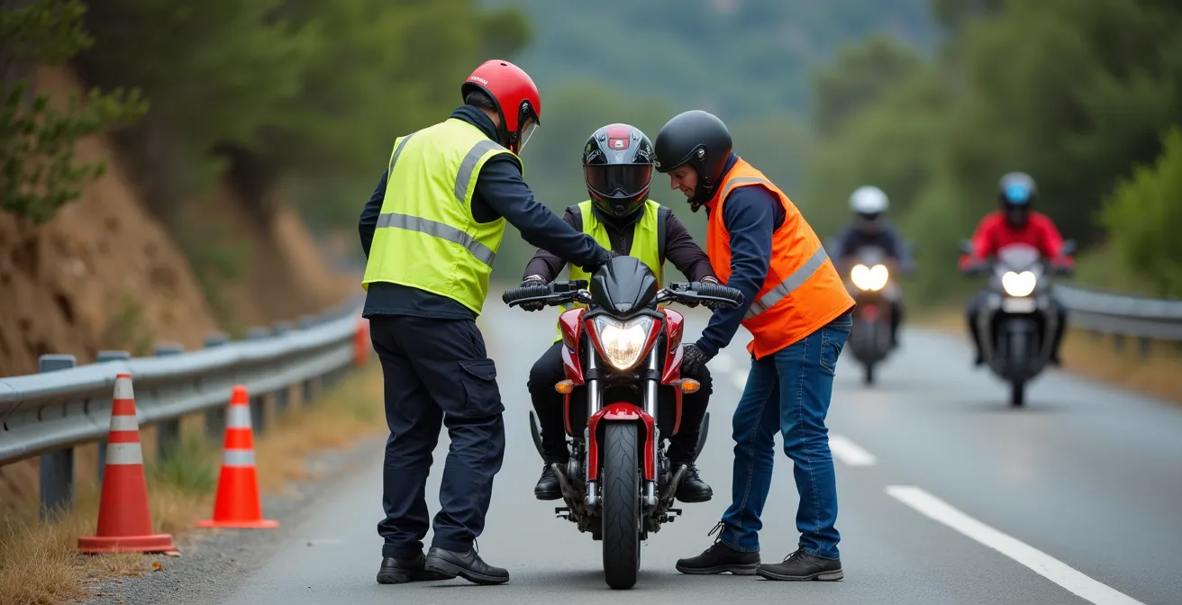Escena de protocolo de emergencia con dos motos detenidas asistiendo mientras el grupo continúa
