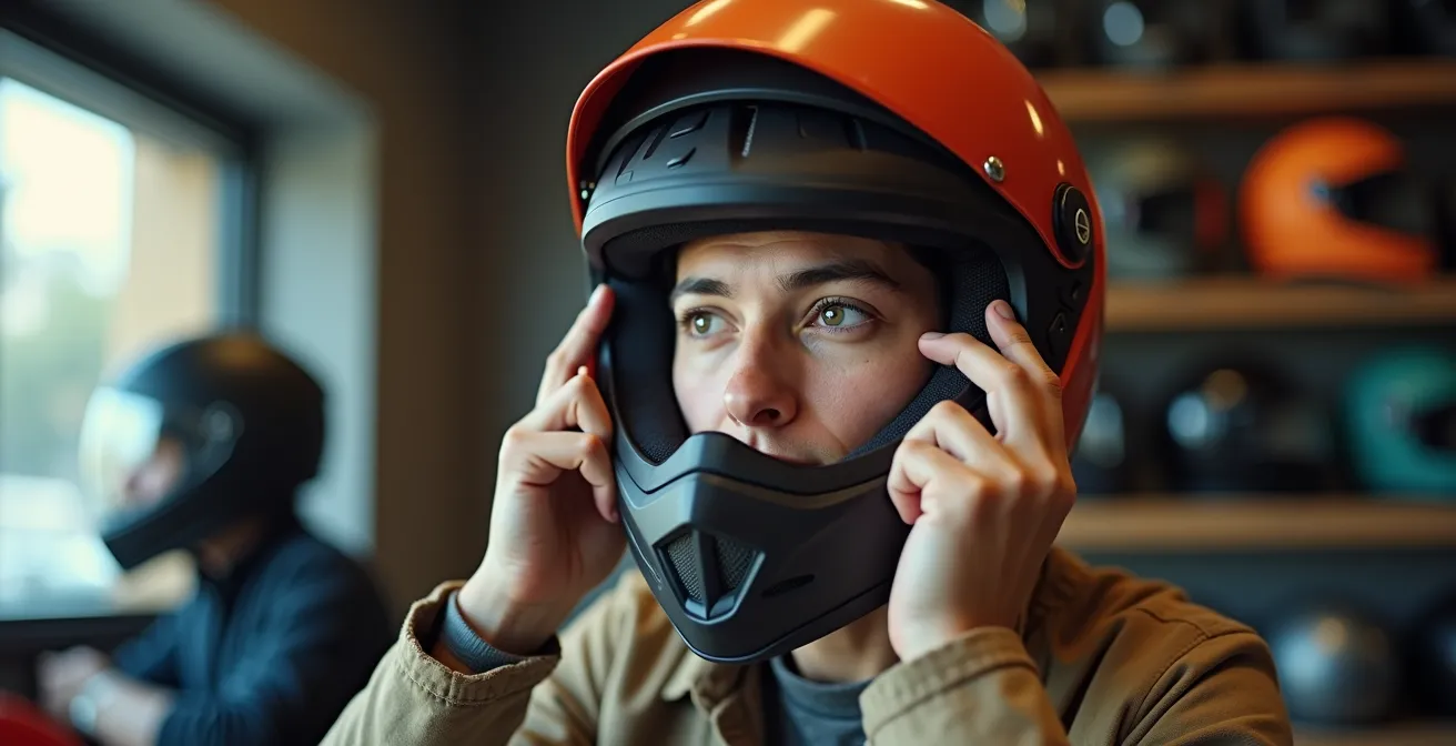 Motorista probando el campo de visión de un casco en tienda especializada