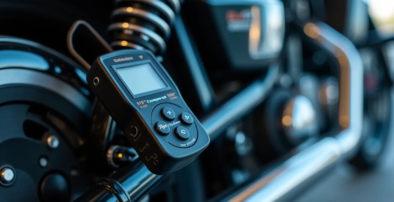 Técnico realizando medición de ruido con sonómetro en escape de moto durante inspección ITV