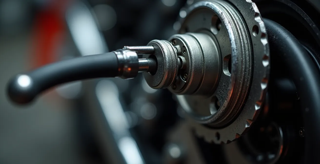 Vista macro del embrague de motocicleta mostrando punto de fricción