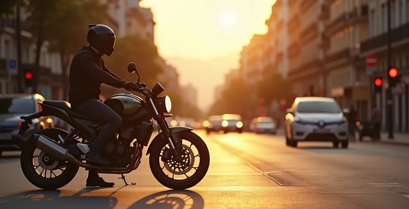 Vista lateral de motociclista esperando en semáforo urbano con moto en punto muerto