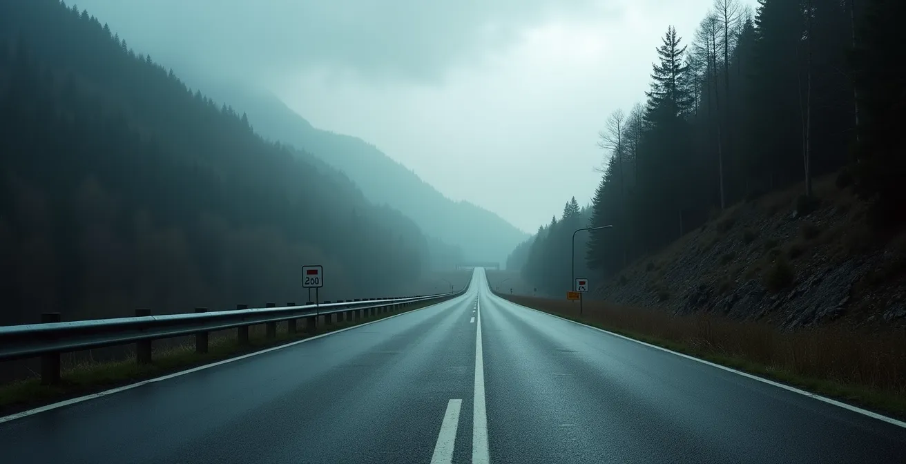 Vista amplia de carretera de montaña francesa con dispositivo de control de velocidad al fondo
