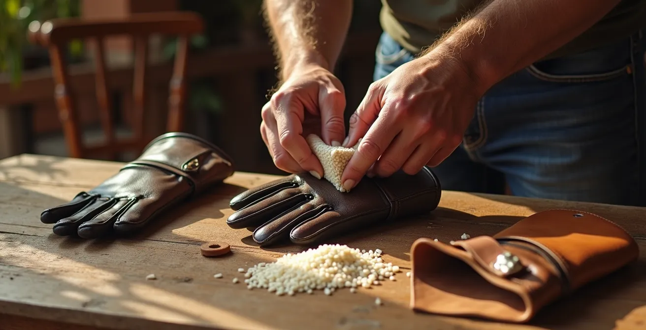 Guantes de moto de cuero secándose correctamente con arroz en su interior
