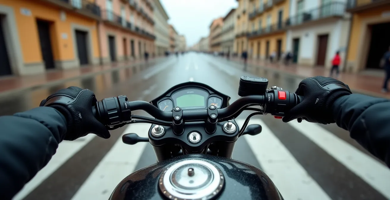 Vista subjetiva desde el manillar mostrando manos en manetas durante frenada en mojado