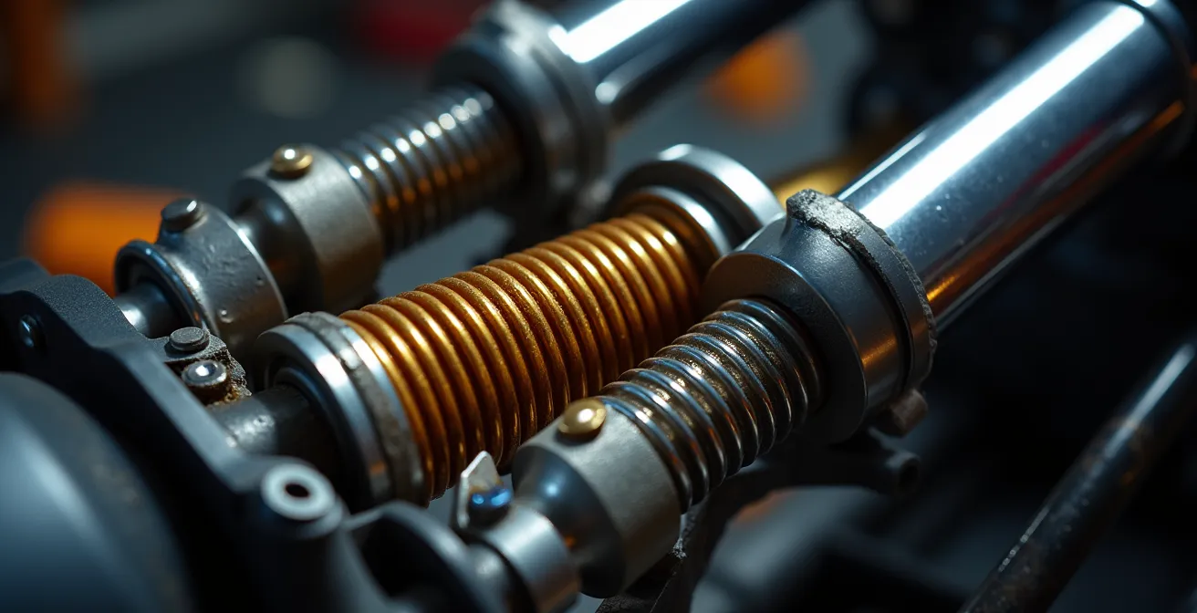 Detalle macro de horquilla delantera comprimida mostrando aceite y muelles