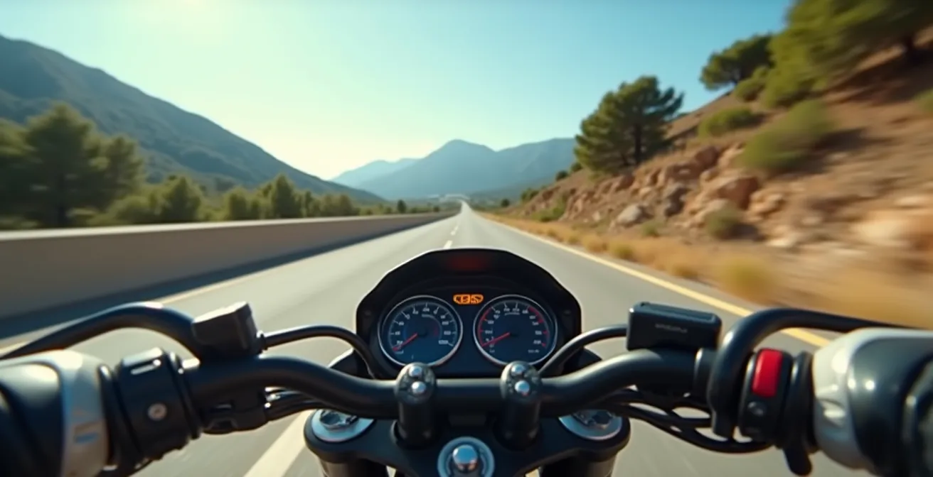 Vista desde el asiento del motorista mostrando un adhesivo de color en la parte superior del cuadro como recordatorio visual