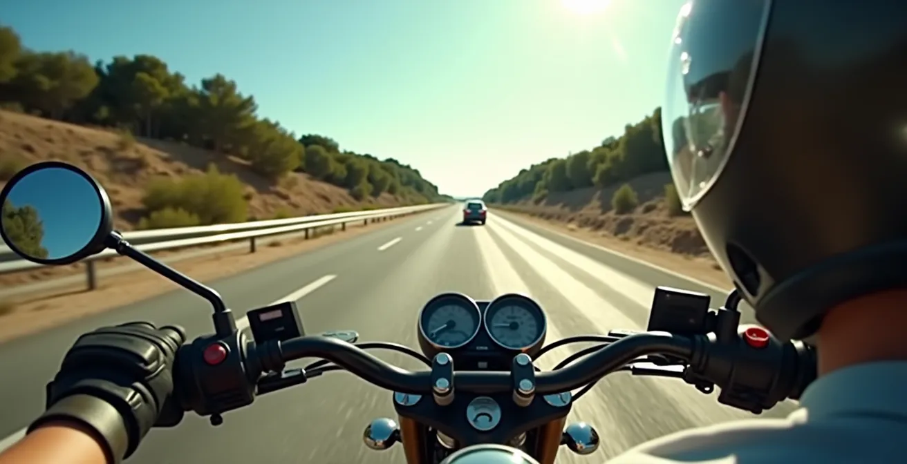 Vista de conductor siguiendo los galones pintados en la autovía