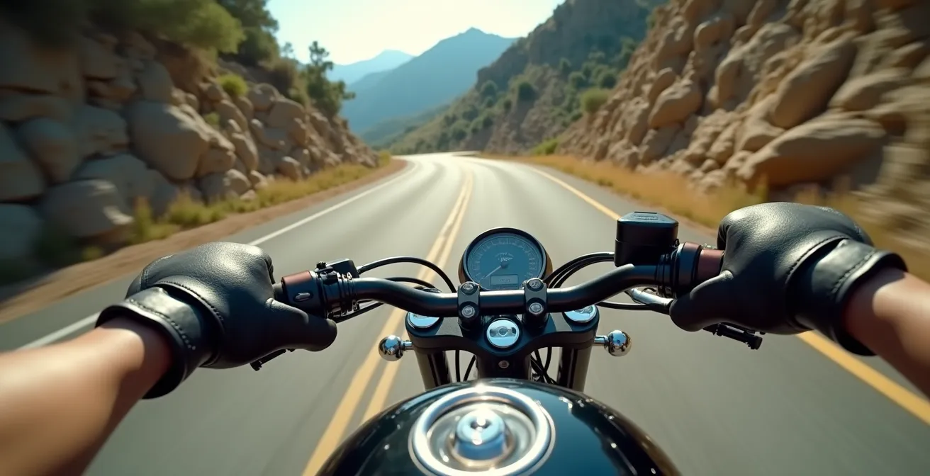 Vista en primera persona mostrando las manos del piloto aplicando contramanillar en una curva de montaña