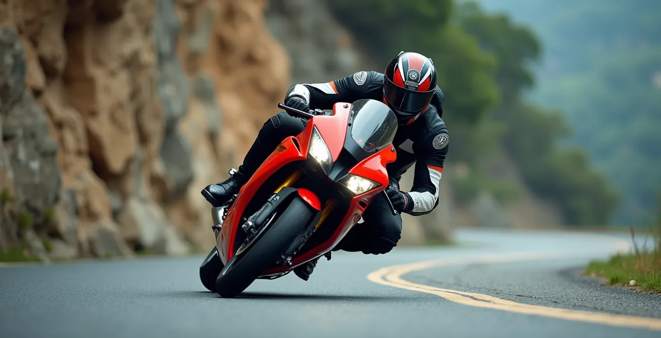 Motorista ejecutando técnica de contrapeso en curva cerrada de montaña