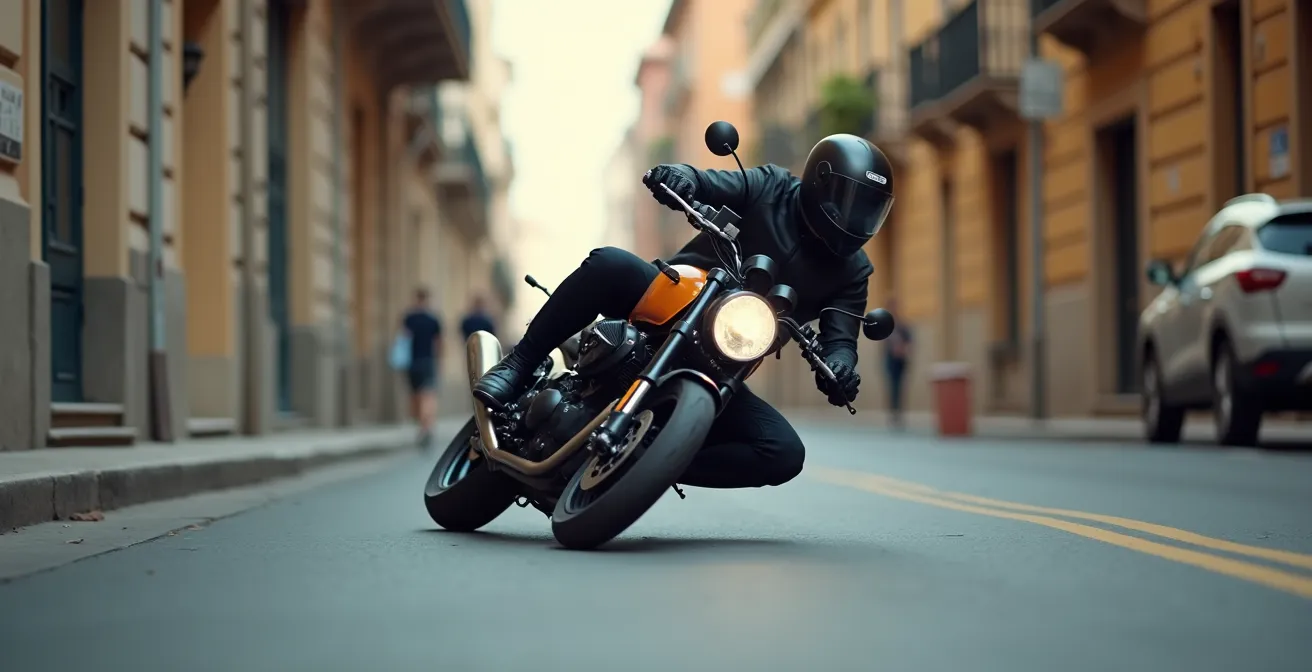 Motorista ejecutando giro cerrado con técnica de contrapeso en entorno urbano