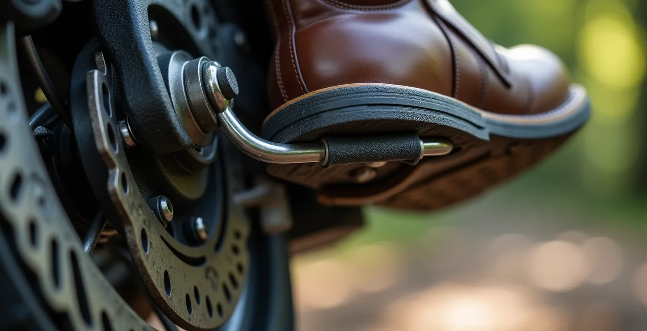 Demostración técnica de frenado con ambos frenos mostrando la estabilización de la moto