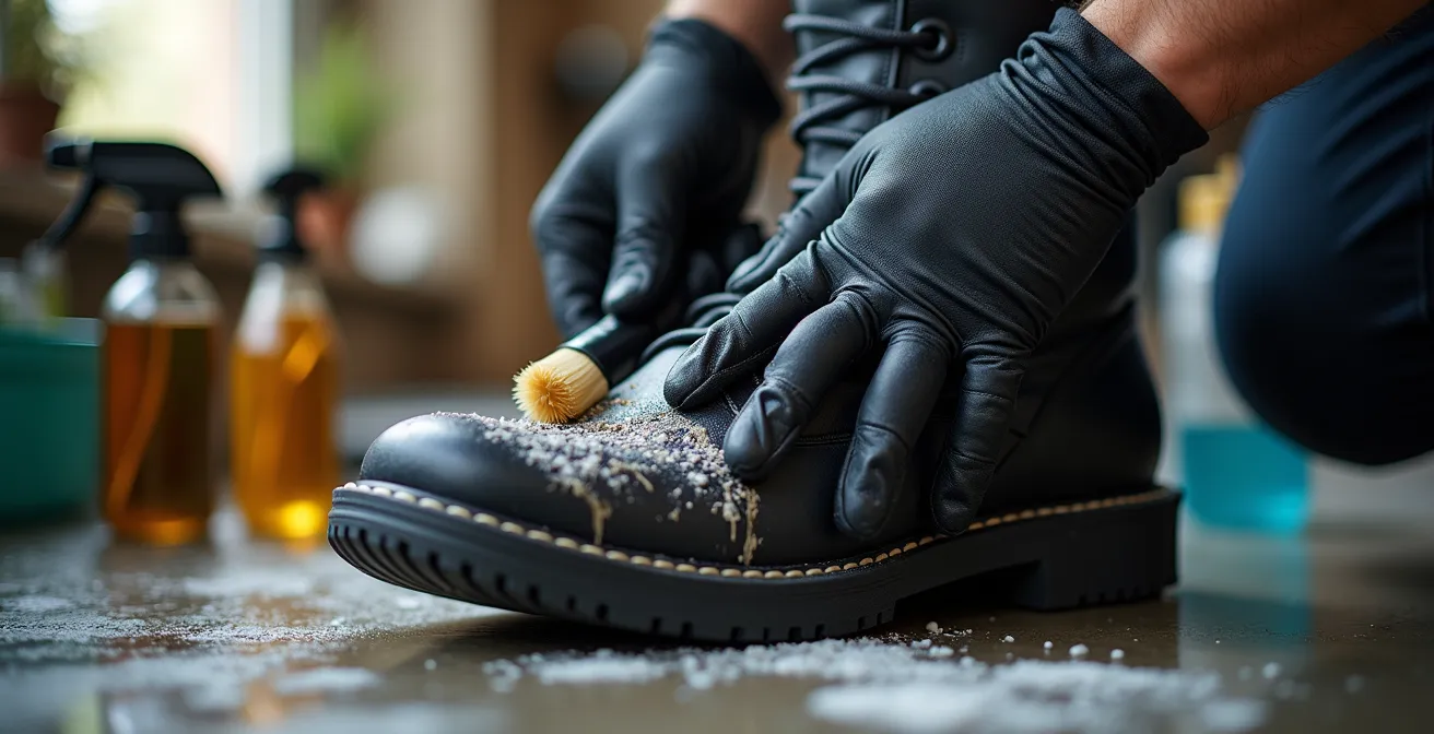 Proceso de limpieza de botas de moto contaminadas con combustible usando materiales domésticos