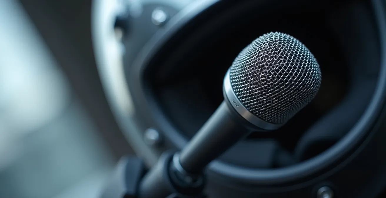 Vista macro de micrófono de intercomunicador con tecnología de cancelación de ruido