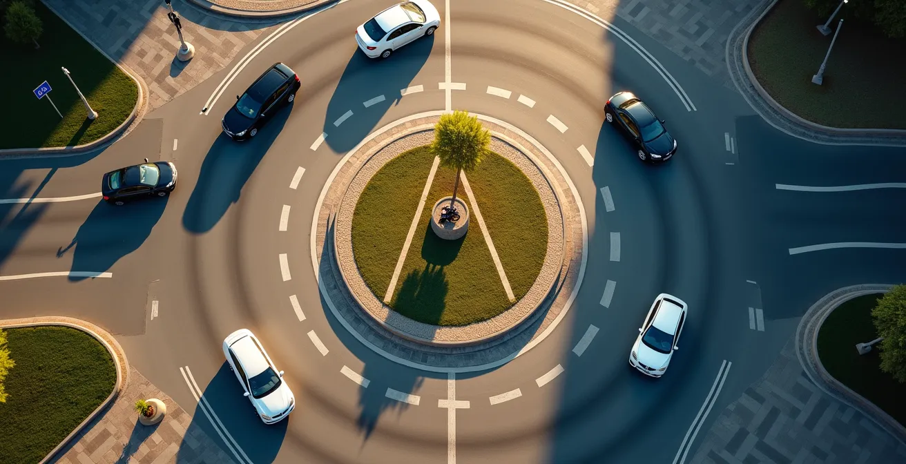 Vista aérea de una glorieta mostrando las zonas de riesgo para motoristas donde los coches no ven a las motos.