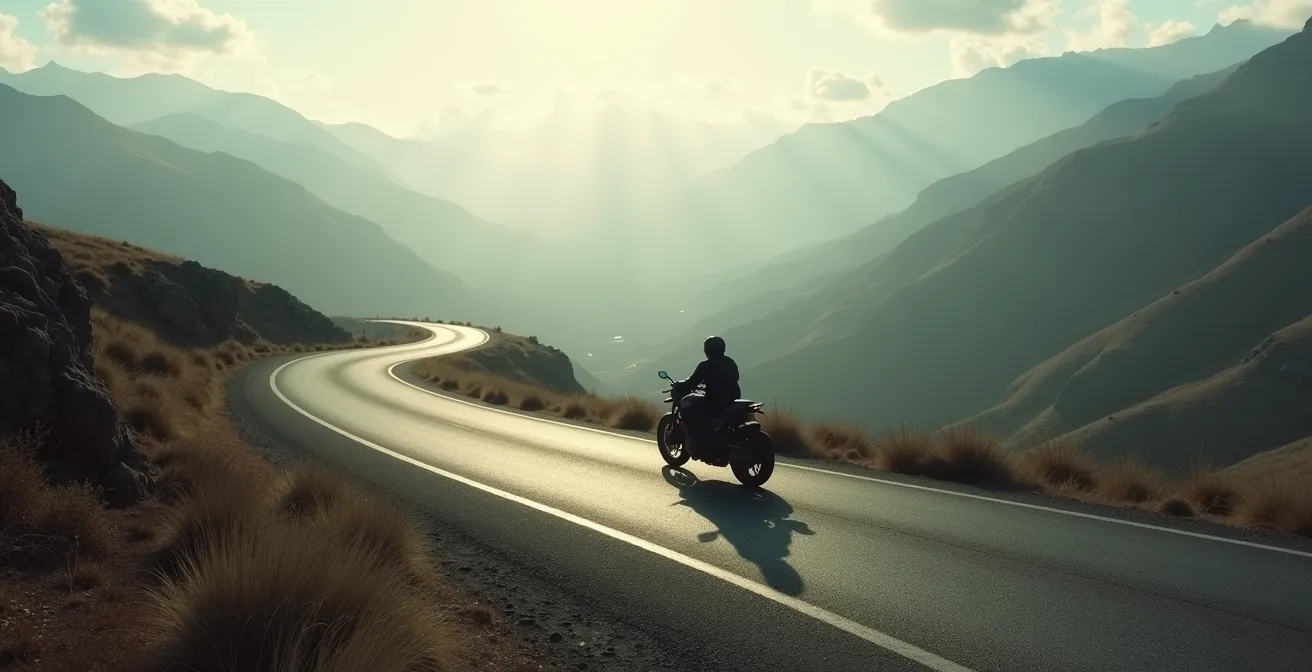 Motorista solitario en una carretera serpenteante que atraviesa un paisaje montañoso español, enfatizando la soledad y el viaje.